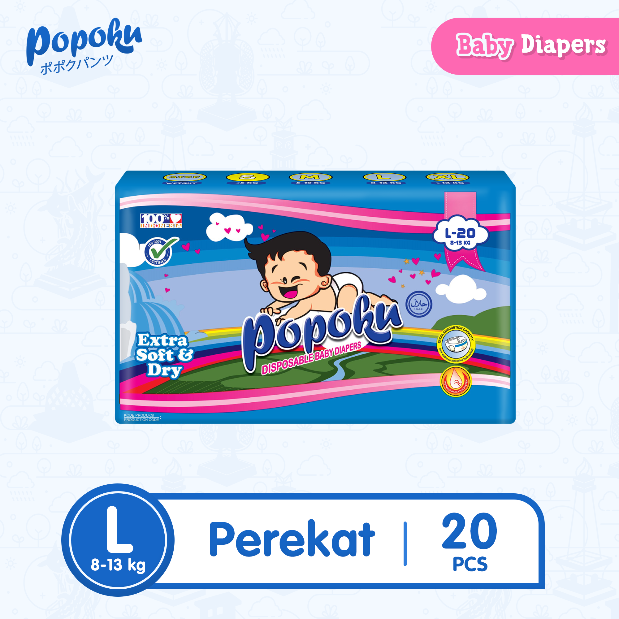 POPOKU Popok Bayi tipe Perekat (POPOKU Reguler) Size L isi 20pcs