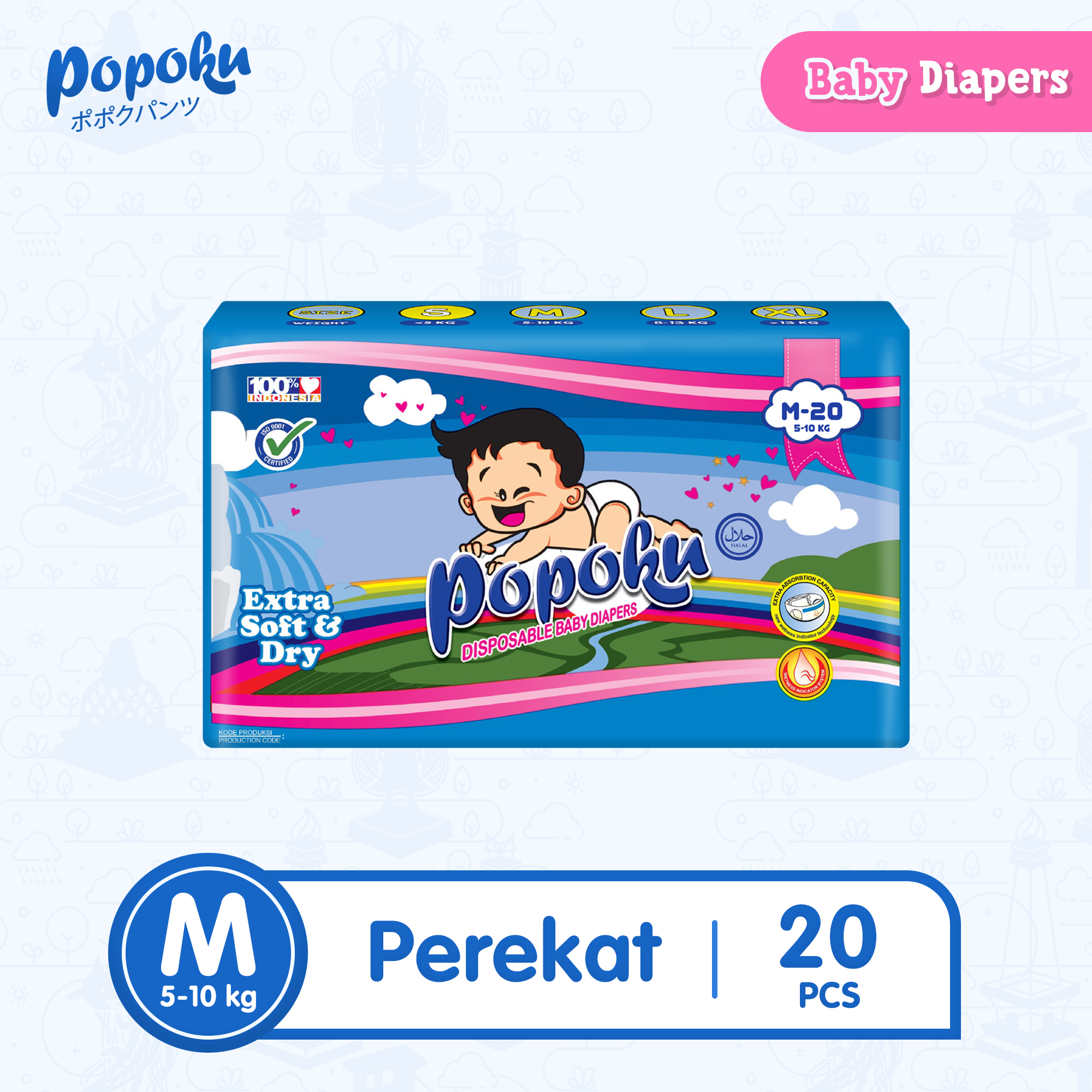 POPOKU Popok Bayi tipe Perekat (POPOKU Reguler) Size M isi 20pcs