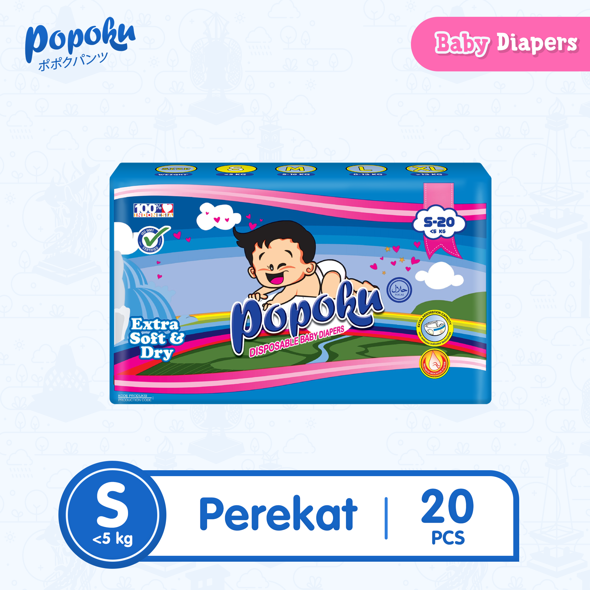 POPOKU Popok Bayi tipe Perekat (POPOKU Reguler) Size S isi 20pcs